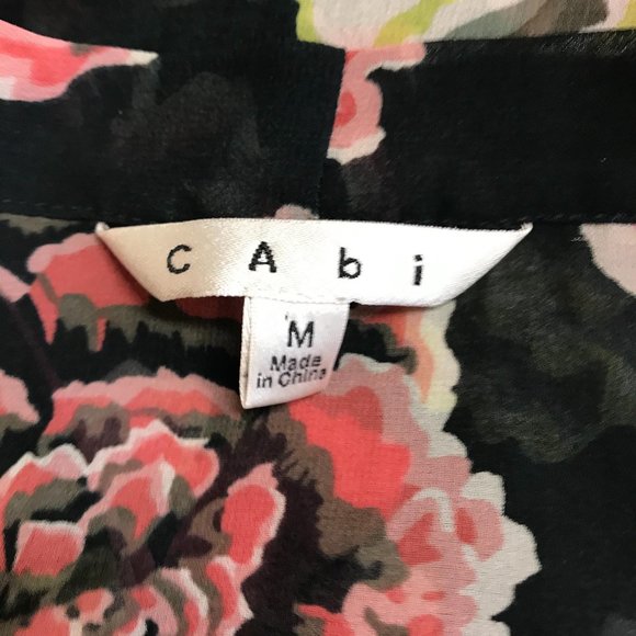 Cabi Womens Black Multi Colored Sheer Deep V Neck Floral Print Blouse M - Picture 6 of 6